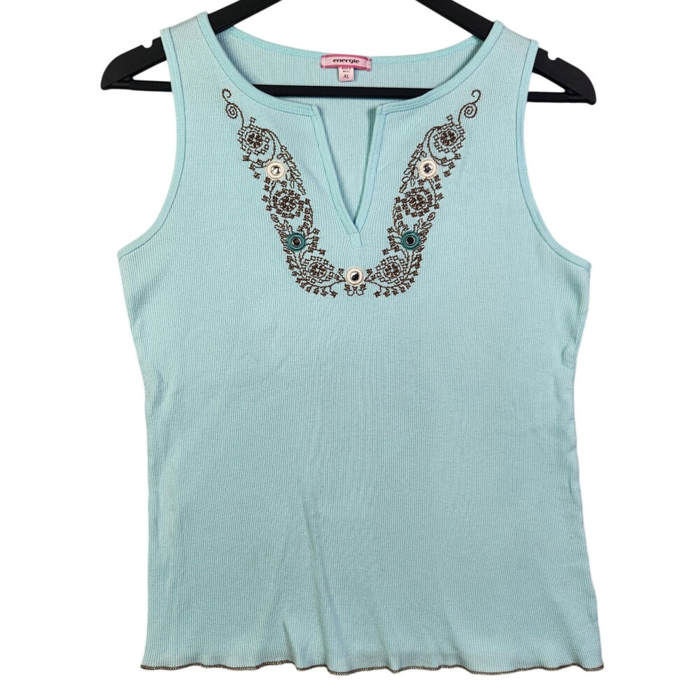 VTG Y2K Energie Baby Blue Ribbed Tank Top Sz XL Embroidered V‎ Neck Boho Summer